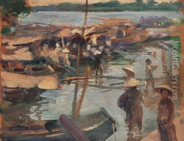 Market By The River Oil Painting - Victor Francois Tardieu