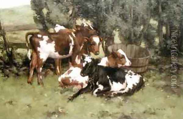 Three Calves Oil Painting - David Gould