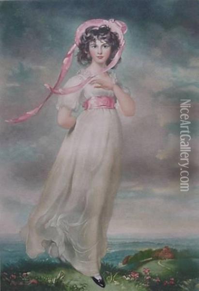 Cox- Lady With Pink Bonnet- Mezzotint In Colors, 1940,signed In Pencil, Published By Alfred Bell & Co. Ltd., London,slightly Light Struck, Handling Creases, Glued To Top And Bottommats Along Upper Edge, Minor Soiling In Margins And Verso, 16 X11'' Oil Painting - Arthur Cox
