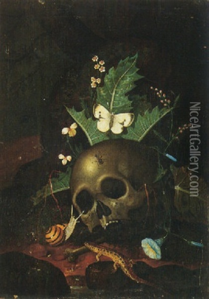 A Forest Floor Still Life With A Skull, Butterfly, Snail And Lizard, Together With Convulvuli And Other Wild Flowers Oil Painting - Carl Wilhelm de Hamilton