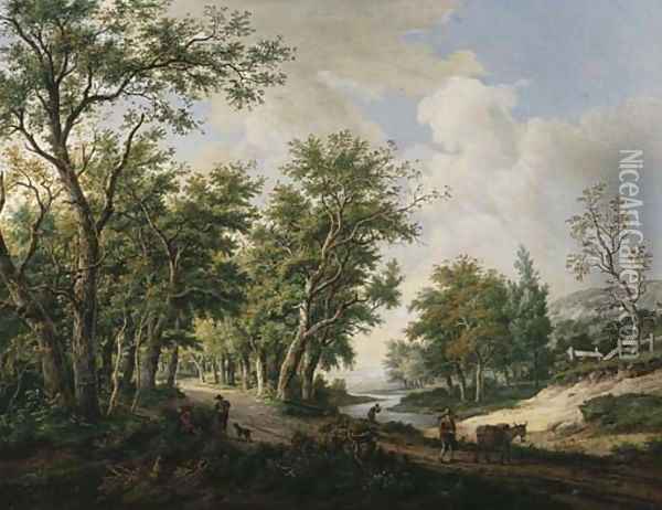 A wooded landscape with travellers conversing by the edge of a forest, another traveller with his mule on a path Oil Painting - Carel Lodewijk Hansen