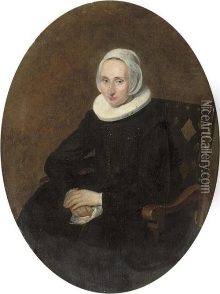 Portrait Of A Lady, 
Three-quarter-length, Seated, In A Black Dresswith A White Ruff And 
Bonnet Oil Painting - Gerard Terborch