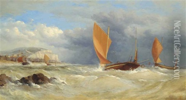 Hastings - Trawlers Running Ashore Under The East Cliff Oil Painting - Charles Taylor Jr.