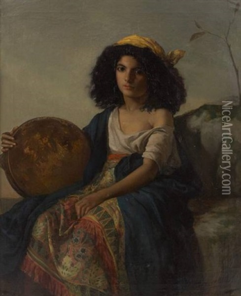 Jeune Bohemienne Au Tambourin Oil Painting - John George Brown