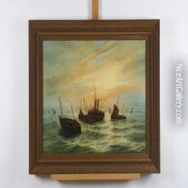 An Oceanscenery With Fishing Boats And Ships Oil Painting - Bernard Benedict Hemy