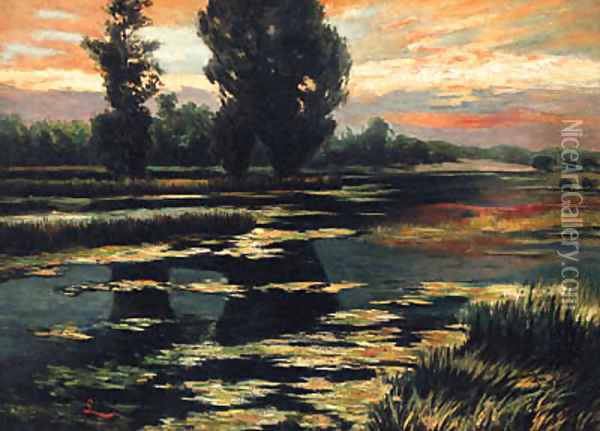 A Sunlit River Landscape Oil Painting - German School