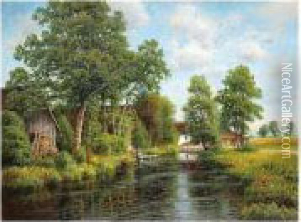 Farm By A River Oil Painting - Josef Schoyerer