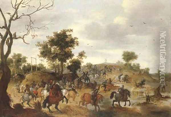 A landscape with a cavalry battle, gallows and a windmill beyond Oil Painting - Pieter Snayers