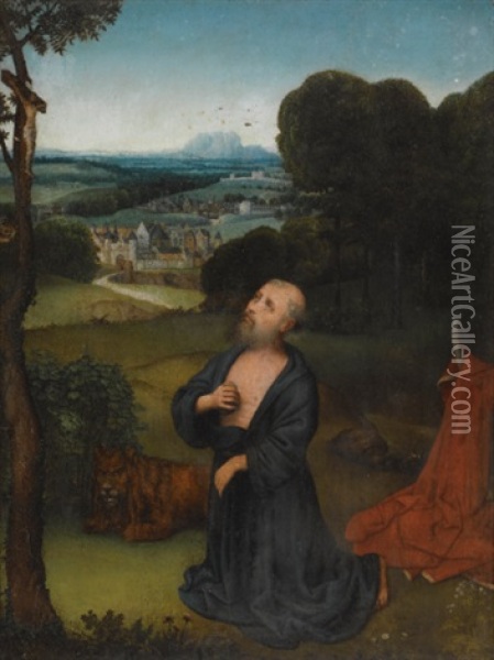 The Penitent St. Jerome Kneeling Before A Portable Crucifix, An Extensive Landscape Beyond Oil Painting - Adriaen Isenbrant