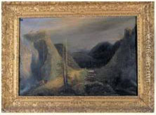 Paysage De Montagne Aux Cervides Et Echassiers Oil Painting - Auguste Jacques Regnier