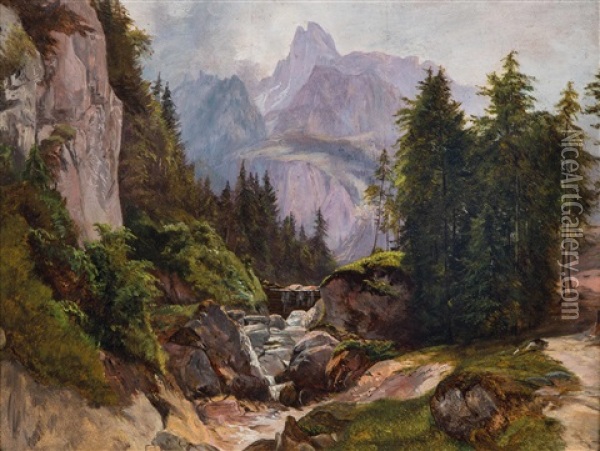 Sommertag Im Hochgebirge (wetterhorn) Oil Painting - Josef Schoyerer