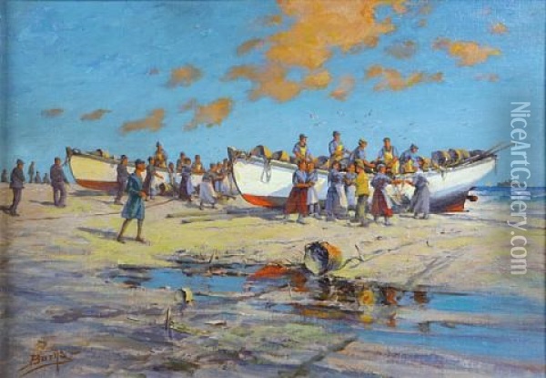 Fisherfolk Gathering After The Catch Oil Painting - Milton James Burns