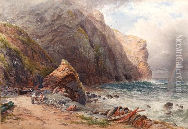 Figures On A Rocky Shore, With Rainbow Out Tosea Oil Painting - William Cook Of Plymouth