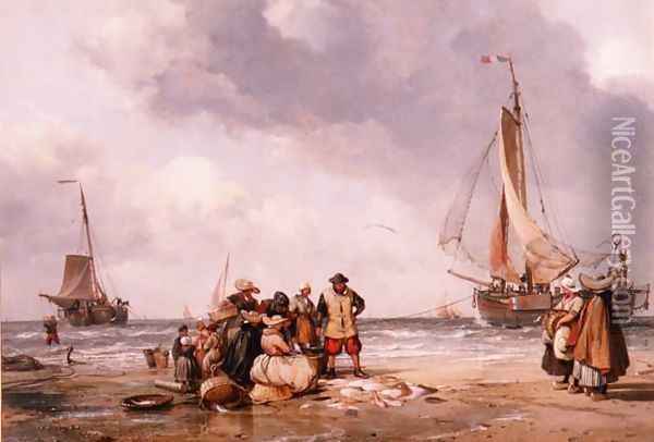 Fisherfolk Counting the Catch Oil Painting - Edward William Cooke