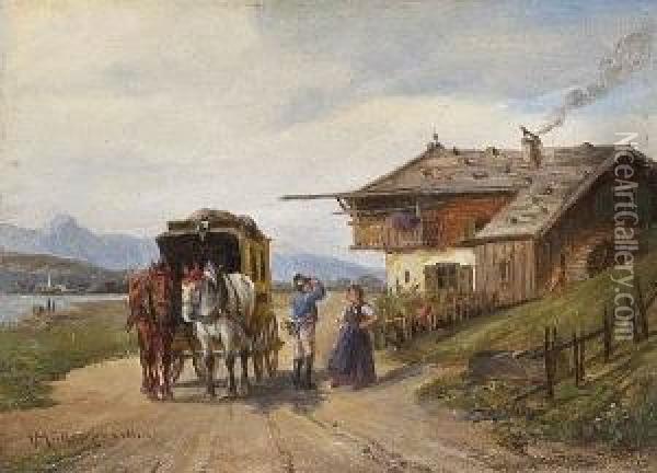 Halt Der Postkutsche Vor Dem
 Bauernhaus. Oil Painting - Ludwig Muller-Cornelius