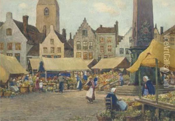 A Dutch Flower Market Oil Painting - James W. Milliken