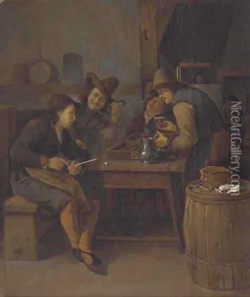 A tavern interior with men drinking, smoking and playing backgammon Oil Painting - Cornelis Schaeck