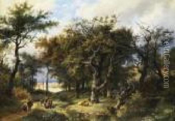 Eichenwald Mit Tieren Und Figurenstaffage Oil Painting - Johann Bernard Klombeck