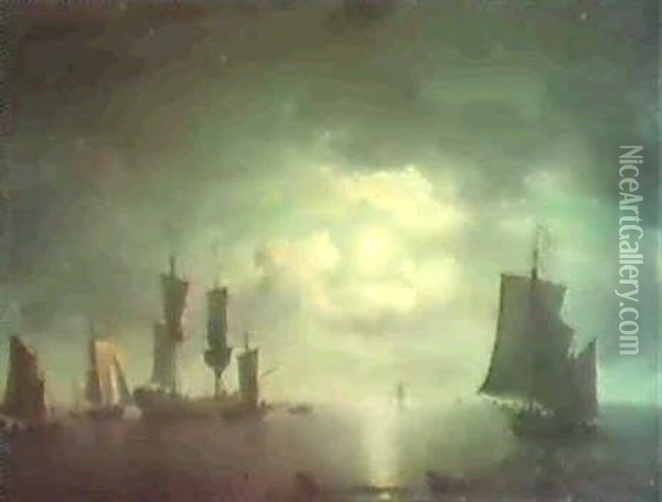 An English Merchant-brig And Coastall Craft Becalmed By     Moonlight Oil Painting - Charles Brooking