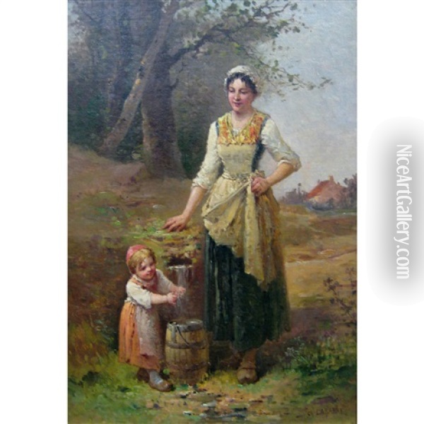 Mother And Child Fetching Water Oil Painting - Charles Labarre