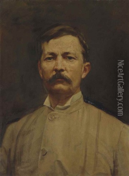 Portrait Of Sir Henry Morton Stanley, Gcb, Half Length In White Tunic And White Shirt And Wing Collar Oil Painting - John Thomson