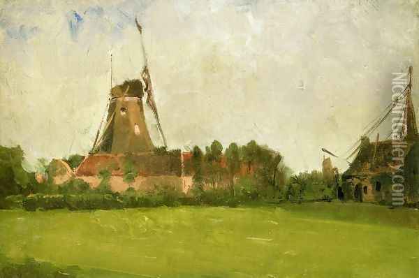 Windmill In The Dutch Countryside Oil Painting - John Henry Twachtman