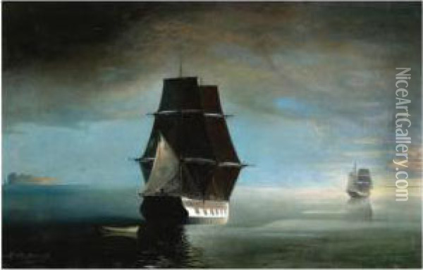 Ships At Sea Oil Painting - Eleni Prosalentis
