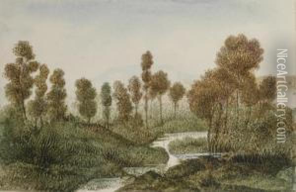 Paysage Arbore Traverse Par Une Riviere, Des Montagnes A L'arriere-plan Oil Painting - George Sand