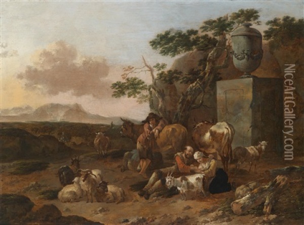 Sudliche Landschaft Mit Rastenden Hirten Vor Einem Romischen Monument Oil Painting - Jan Frans Soolmaker