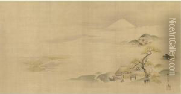 Thatched Cottages And Mount Fuji Oil Painting - Kano Seisen'In