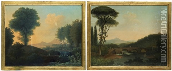 Pastorala Landskap Med Figurer (pair) Oil Painting - Johan Carl Holst