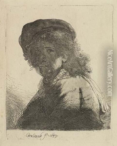 Self-portrait In A Cap And Scarf With The Face Dark:bust Oil Painting - Rembrandt Van Rijn