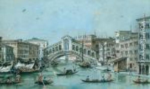 Vedute Des Canal Grande Mit Der Rialtobrucke In Venedig; Veduta Delponte Di Rialto Oil Painting - Giacomo Guardi