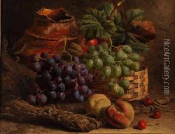 Still Life Study Of Mixed Fruit And Broken Pot On A Raffiamat Oil Painting - William Hughes
