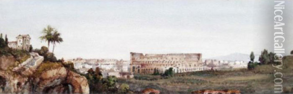 View Of The Coliseum, Rome; Road To Bethany, Jerusalem Oil Painting - Gabriele Carelli