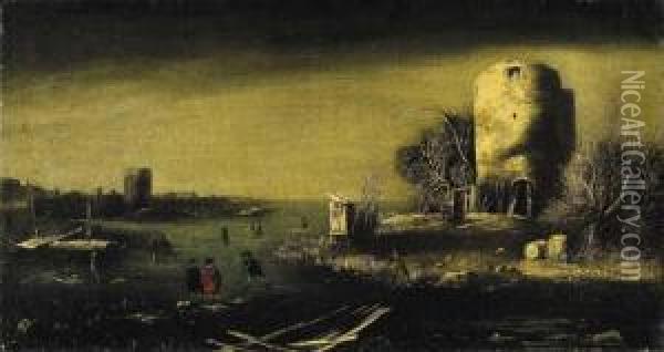 Scena Invernale Con Figure Sul Ghiaccio E Torre Diroccata Sulla Riva Oil Painting - Francesco Battaglioli