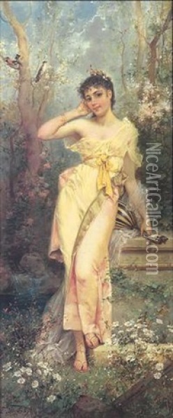 Maiden In A Garden Oil Painting - Joseph Bernard