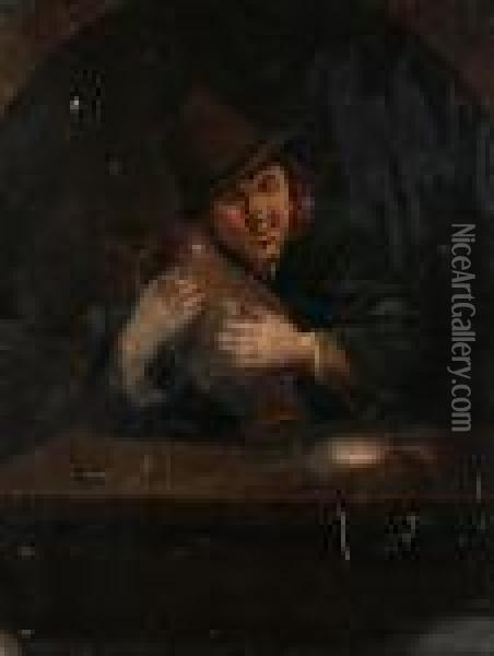 A Peasant Seated At A Table Holding Anearthenware Jug Oil Painting - Adriaen Brouwer