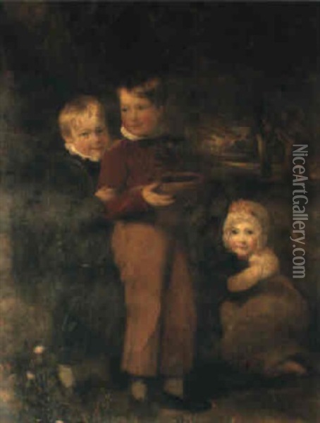 Group Portrait Of Master Remington And Master And Miss Cookson Oil Painting - James Lonsdale
