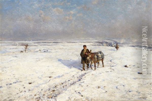 Winter Landscape With Donkies Oil Painting - Hugo Muehlig
