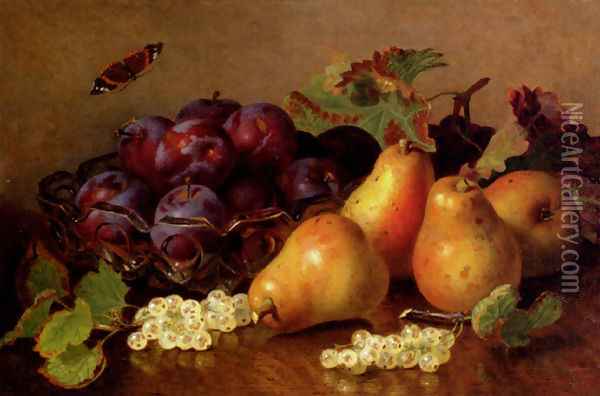 Still Life With Pears, Plums In A Glass BowlAnd White Currants On A Table Oil Painting - Eloise Harriet Stannard