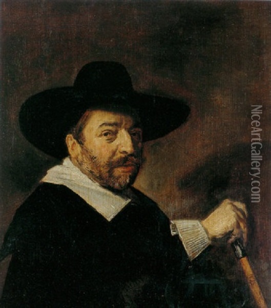 Portrait Of A Man Dressed In Black With A White Collar And Cuffs And Holding A Silver-topped Cane Oil Painting - Frans Hals