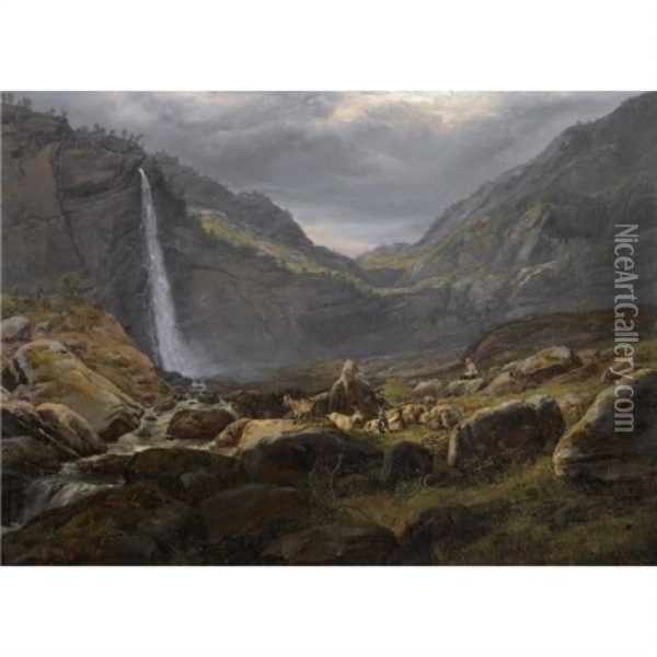 Utsyn Fra Feigumfossen I Lysterfjorden (view Of The Feigumfoss In Lysterfjord) Oil Painting - Johan Christian Dahl