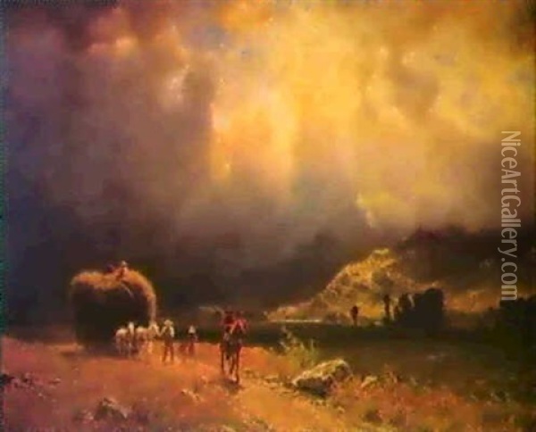 The Approaching Storm/white Mountain View With Hay Wagon Andfigures Oil Painting - Albert Bierstadt
