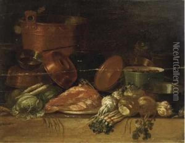 Copper Pots And Pans, Onions, Asparagus, Cabbage And A Pig's Headon A Table; And Copper Pots And Pans, Parsnips, Turnips, Cabbageand Meat On A Table Oil Painting - Pieter van Steenwyck
