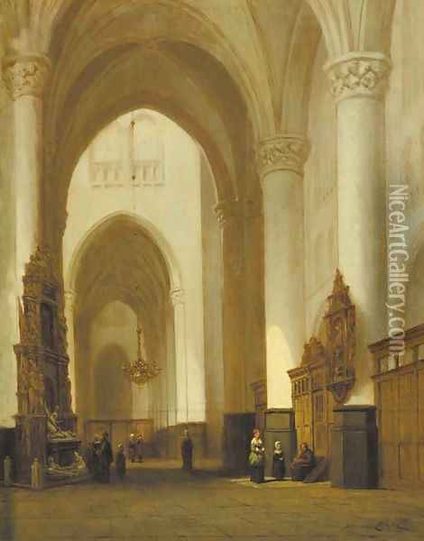 A church interior with worshippers Oil Painting - Jan-Baptiste Tetar van Elven