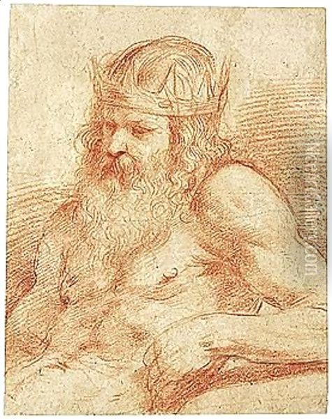 A Study For A Figure Of Neptune, Half-length, Seated Oil Painting - Giovanni Francesco Barbieri