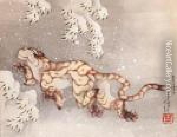Tiger In A Snowstorm Oil Painting - Katsushika Hokusai