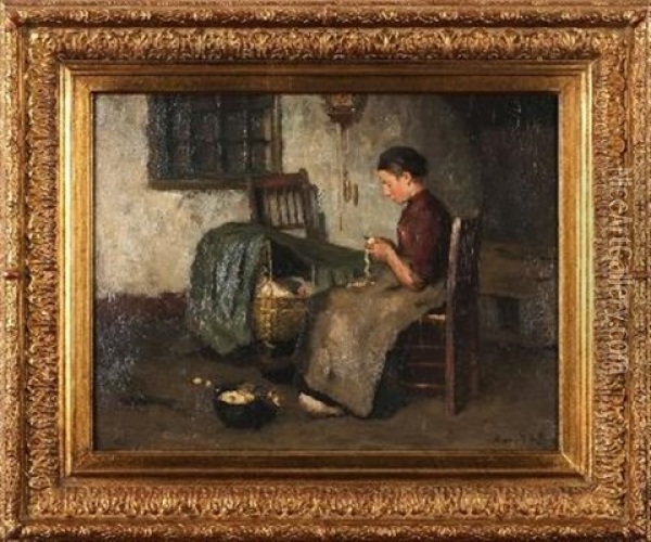 Peeling Vegetables'; A Cottage Interior Scene With A Mother And A Child In A Cot Oil Painting - Bernard de Hoog