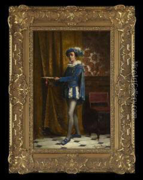 The Young Courtier In Blue Velvet Attiredelivering A Letter On A Gold Tray Oil Painting - Agapit Stevens